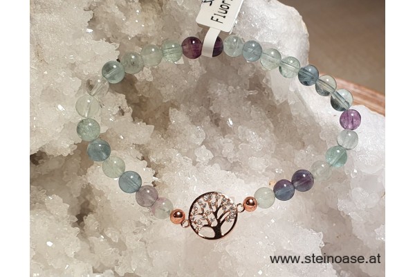 Armband Fluorit + Baum 925Silber rose